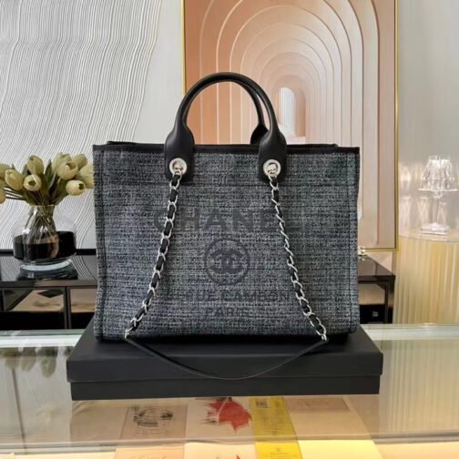 Grand shopping Beach Canvas Tote Bag In Gray With Black Leather Strap
