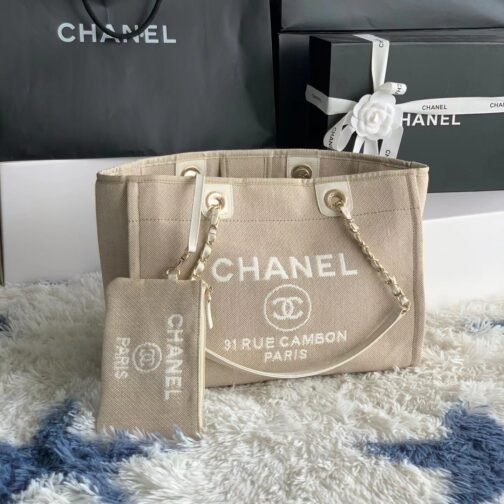 Grand shopping  Beach Canvas Tote Bag In Gold Tone Chain Link with Beige Shoulder Straps