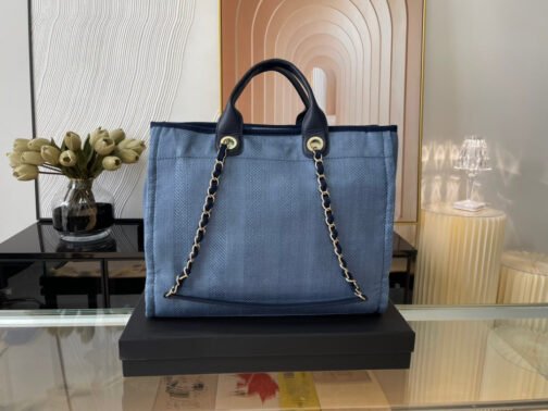 Grand shopping Beach Canvas Tote Bag In Denim Blue With Leather Strap - Image 2