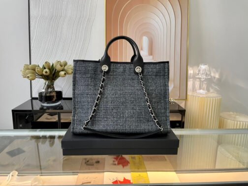 Grand shopping Beach Canvas Tote Bag In Gray With Black Leather Strap - Image 2