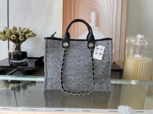 Grand shopping Beach Canvas Tote Bag In Gray With Black Leather Strap - Image 2