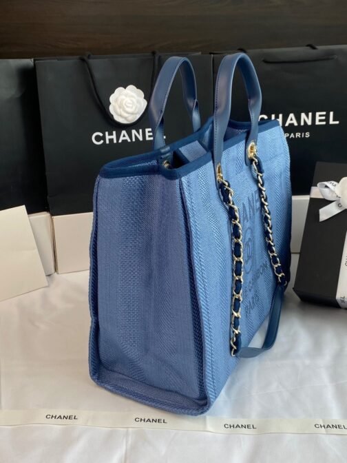 Grand shopping Beach Canvas Tote Bag In Denim Blue With Blue Leather Strap - Image 3