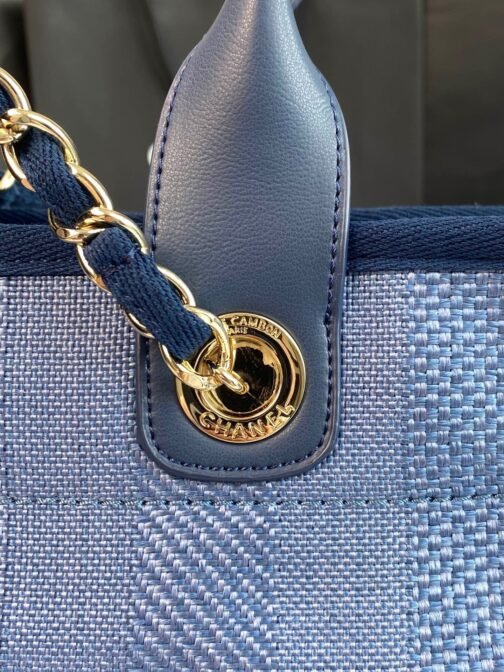 Grand shopping Beach Canvas Tote Bag In Denim Blue With Blue Leather Strap - Image 4