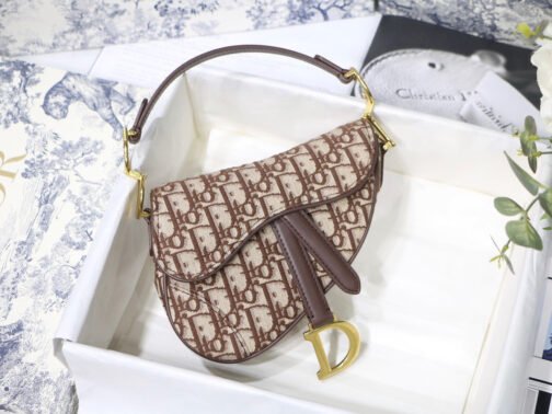 Saddle Bag with Strap in Brown Oblique Jacquard