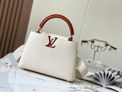 Capucines Small  Bag In White With Red Handle
