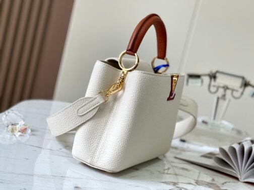 Capucines Small  Bag In White With Red Handle - Image 2