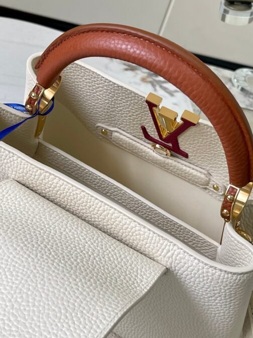 Capucines Small  Bag In White With Red Handle - Image 8