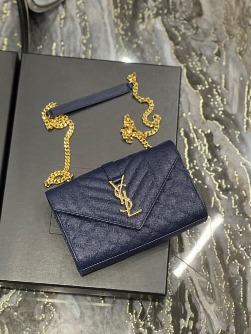 Envelope Small Quilted Dark Blue Grained Leather Bag - Image 6