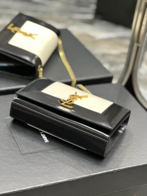 Kate Small Black And White Glossy Leather Chain Bag - Image 6