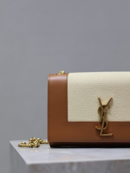 kate Small Brown And Beige Matching Glossy Leather Chain Bag - Image 3